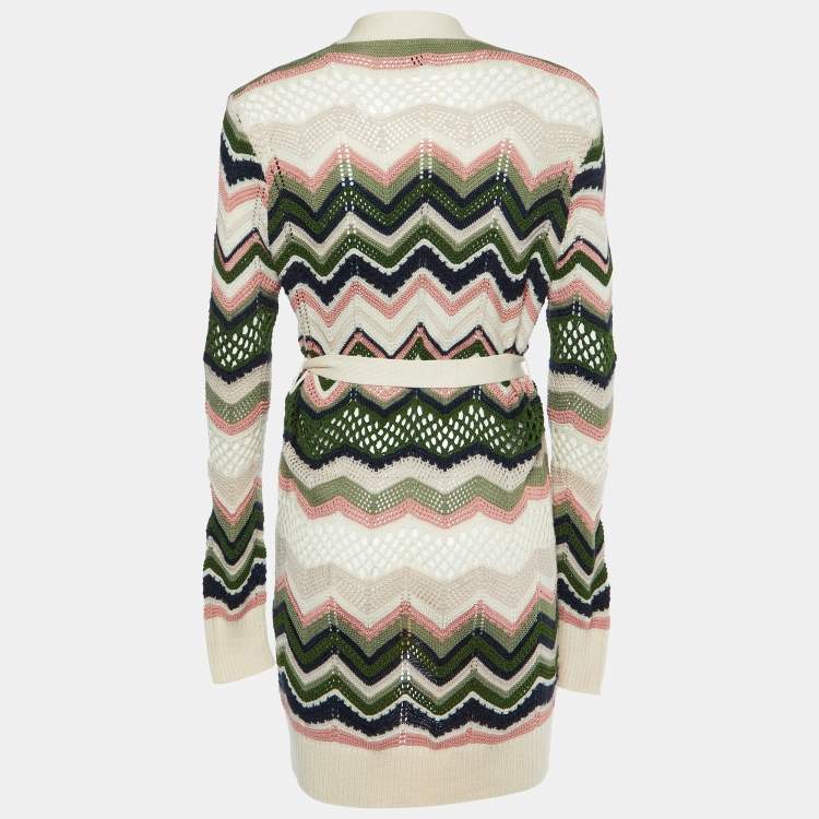 Pre Owned M Missoni Cream Chevron Pointelle Knit Belted Cardigan M
