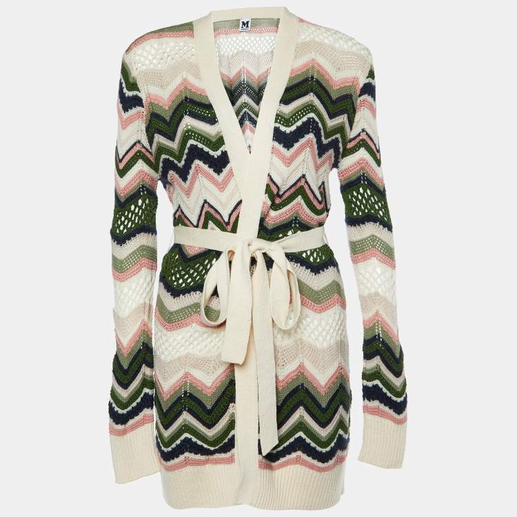Pre Owned M Missoni Cream Chevron Pointelle Knit Belted Cardigan M