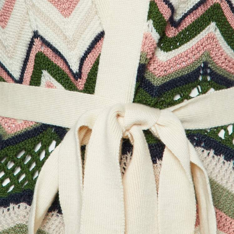 Pre Owned M Missoni Cream Chevron Pointelle Knit Belted Cardigan M