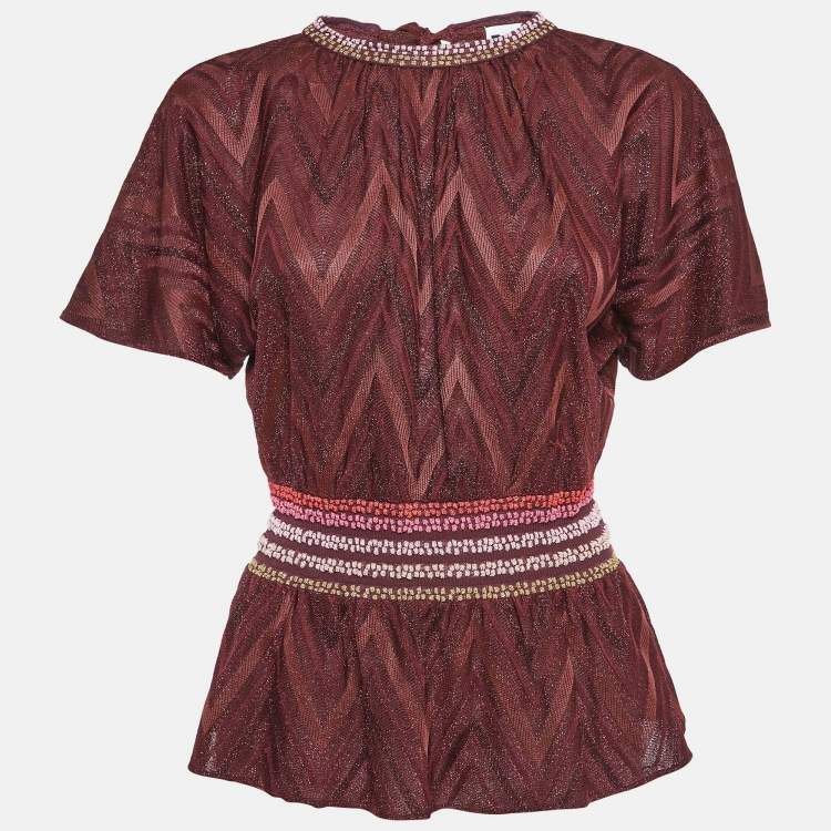 Pre Owned M Missoni Burgundy Lurex Knit Flared Blouse S