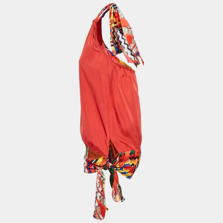 Pre Owned M Missoni Red Printed Silk Halter Neck Top S
