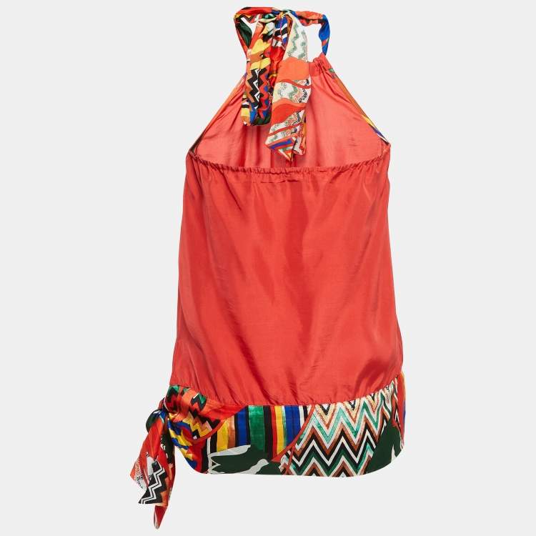 Pre Owned M Missoni Red Printed Silk Halter Neck Top S
