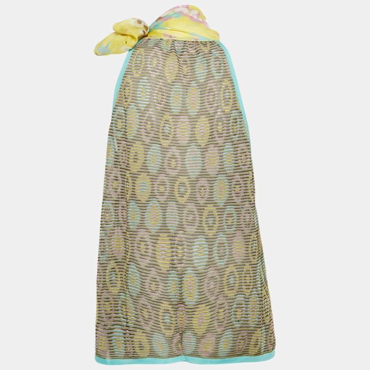 Pre Owned M Missoni Blue/Yellow Knit and Silk Halter Neck Tie-Up Top L