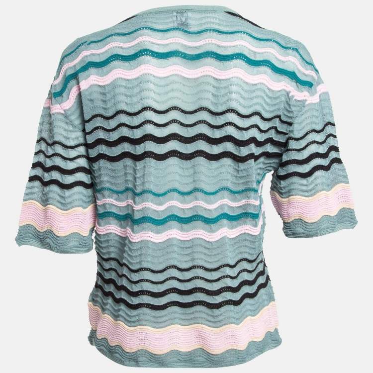 Pre Owned M Missoni Blue/Multicolor Patterned Knit Round Neck Top S