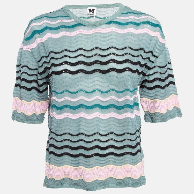 Pre Owned M Missoni Blue/Multicolor Patterned Knit Round Neck Top S