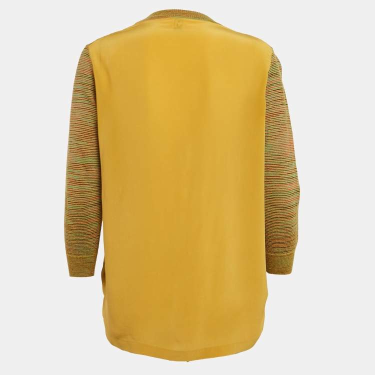 Pre Owned M Missoni Yellow Stripe Knit and Silk Buttoned Cardigan M