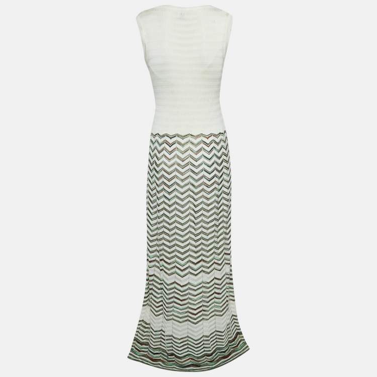 Pre Owned M Missoni Ivory White Chevron Pattern Knit Sleeveless Maxi Dress L