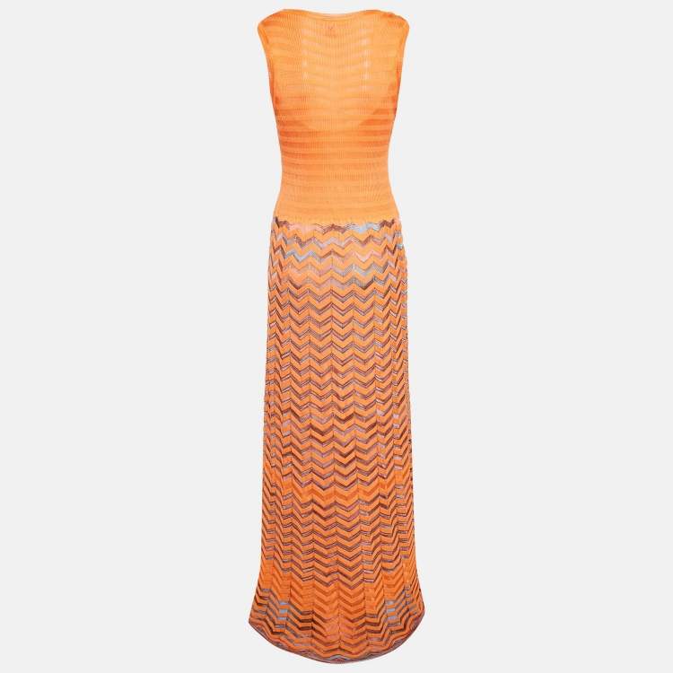 Pre Owned M Missoni Orange Chevron Knit Sleeveless Maxi Dress L