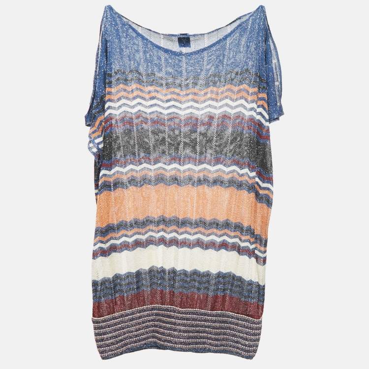 Pre Owned M Missoni Blue Chevron Lurex Knit Cut-Out Sleeve Sheer Tunic Top L