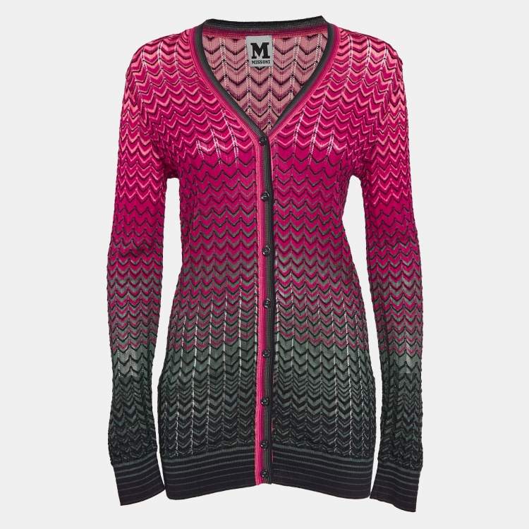 Pre Owned M Missoni Pink Chevron Pointelle Knit Button Front Cardigan M
