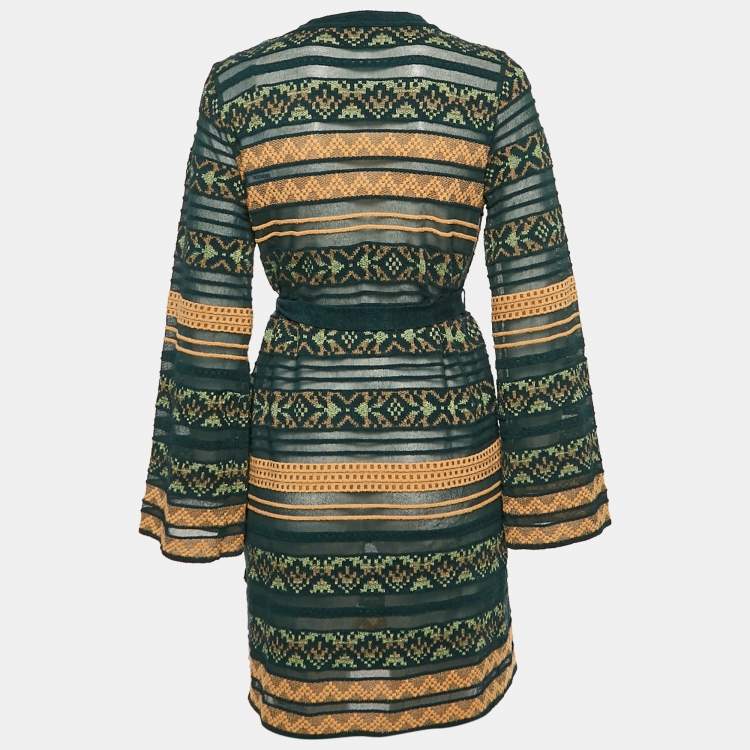 Pre Owned M Missoni Green Stripe Knit Belted Long Cardigan M