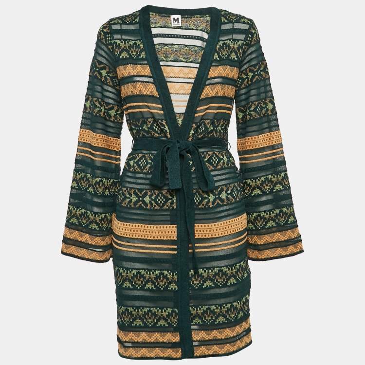 Pre Owned M Missoni Green Stripe Knit Belted Long Cardigan M