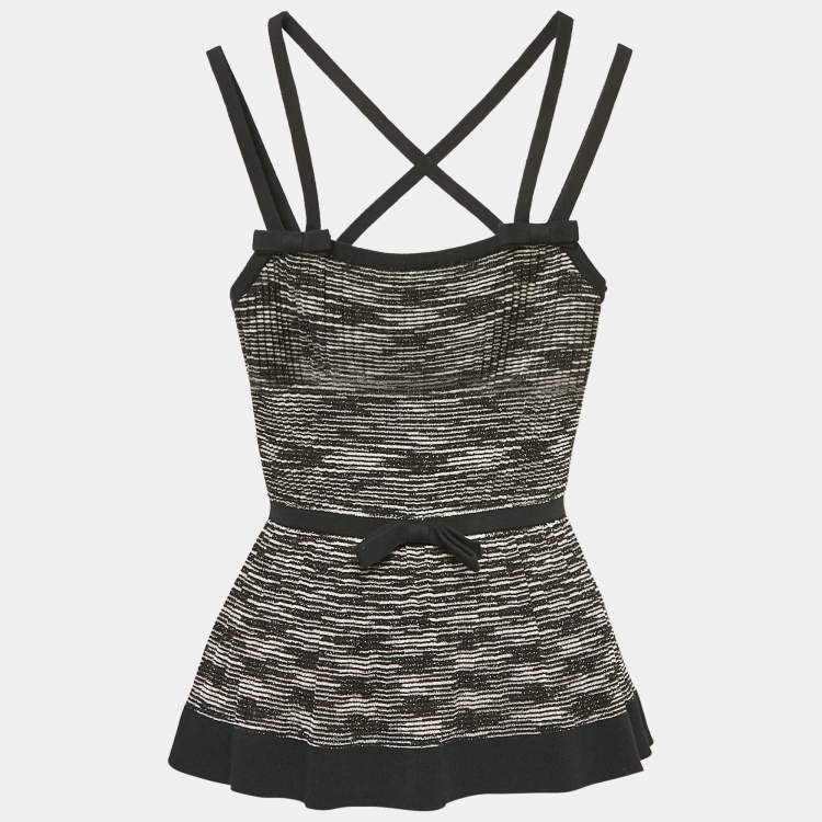 Pre Owned M Missoni Black/White Stripe Lurex Knit Bow Detail Strappy Top M