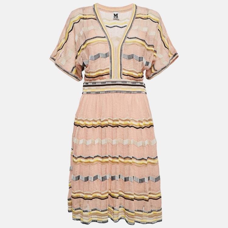 Pre Owned M Missoni Pink Patterned Knit V-Neck Short Dress M