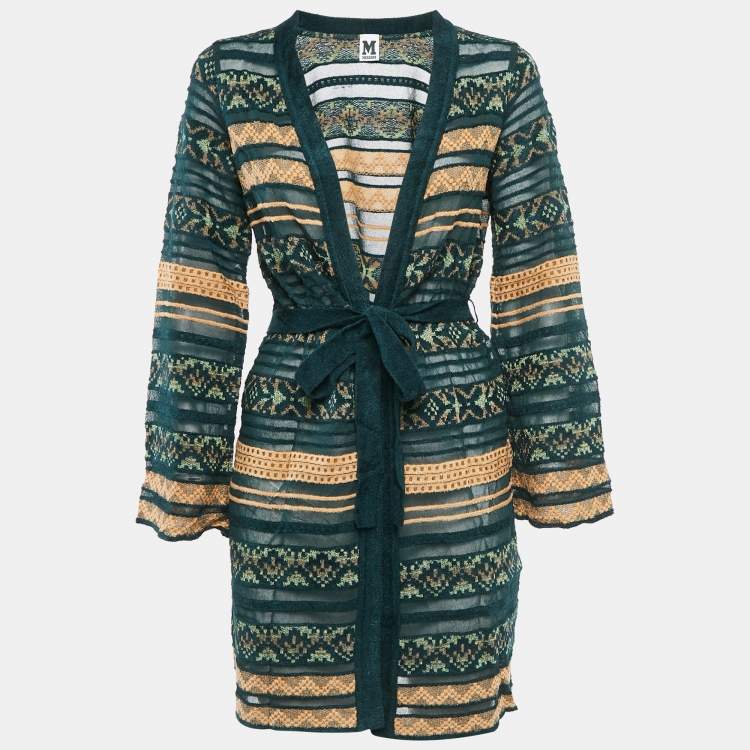 Pre Owned M Missoni Green/Multicolor Knit Waist Tie-Up Long Cardigan S