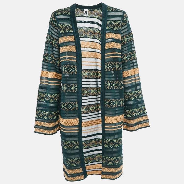 Pre Owned M Missoni Green/Multicolor Patterned Knit Open Front Cardigan L