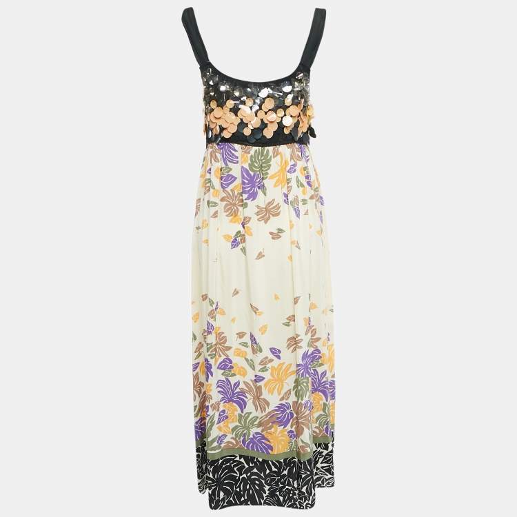 مملوكة مسبقًا M Missoni Leaf Print Silk Sequin Detail Sleeveless Long Dress M