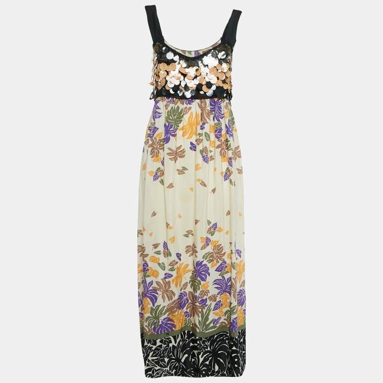 مملوكة مسبقًا M Missoni Leaf Print Silk Sequin Detail Sleeveless Long Dress M