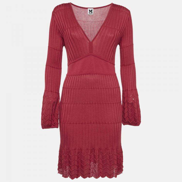 Pre Owned M Missoni Red Patterned Knit V-Neck Midi Dress M