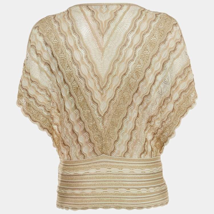 Pre Owned M Missoni Beige Perforated Lurex Knit Crossover Top S