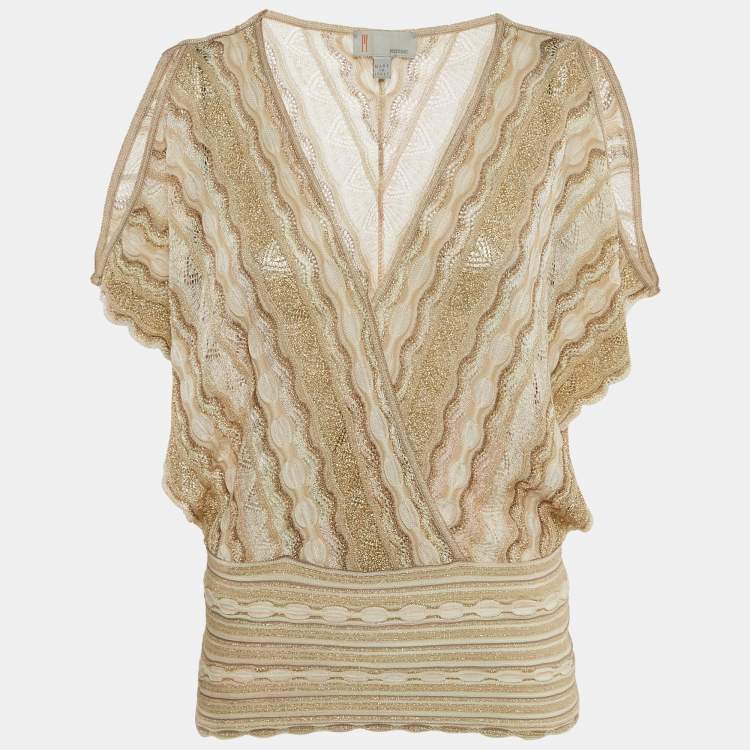 Pre Owned M Missoni Beige Perforated Lurex Knit Crossover Top S