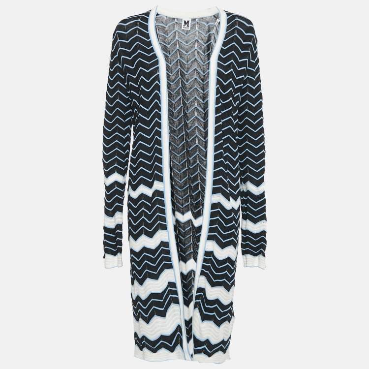 Pre Owned M Missoni Black/Blue Chevron Pattern Knit Open Front Long Cardigan M