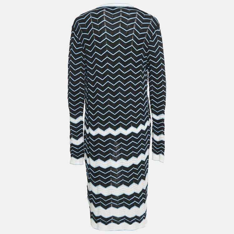 Pre Owned M Missoni Black/Blue Chevron Pattern Knit Open Front Long Cardigan M