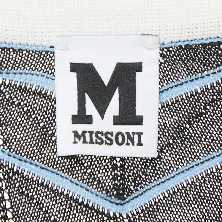Pre Owned M Missoni Black/Blue Chevron Pattern Knit Open Front Long Cardigan M