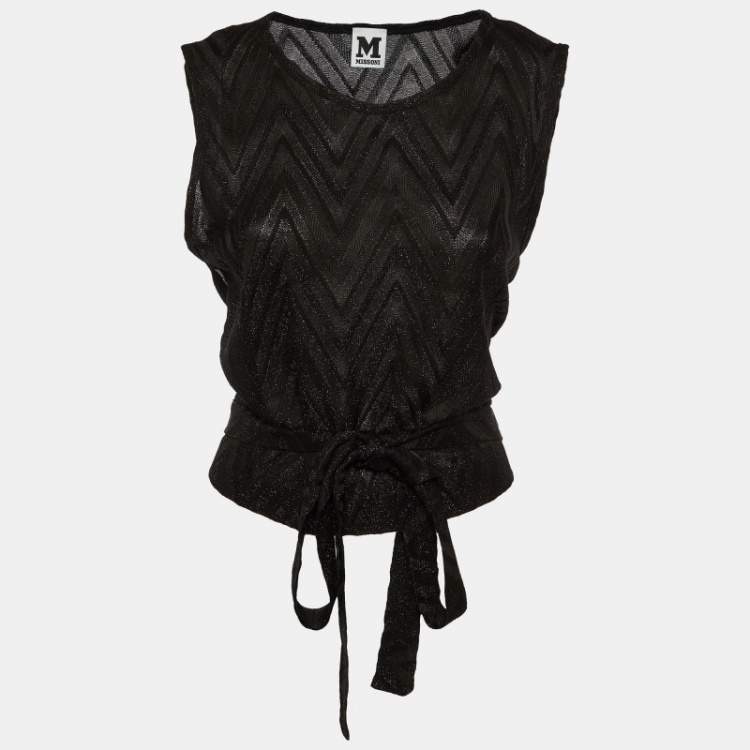 Pre Owned M Missoni Black Lurex Knit Front Tie Detail Sleeveless Top L