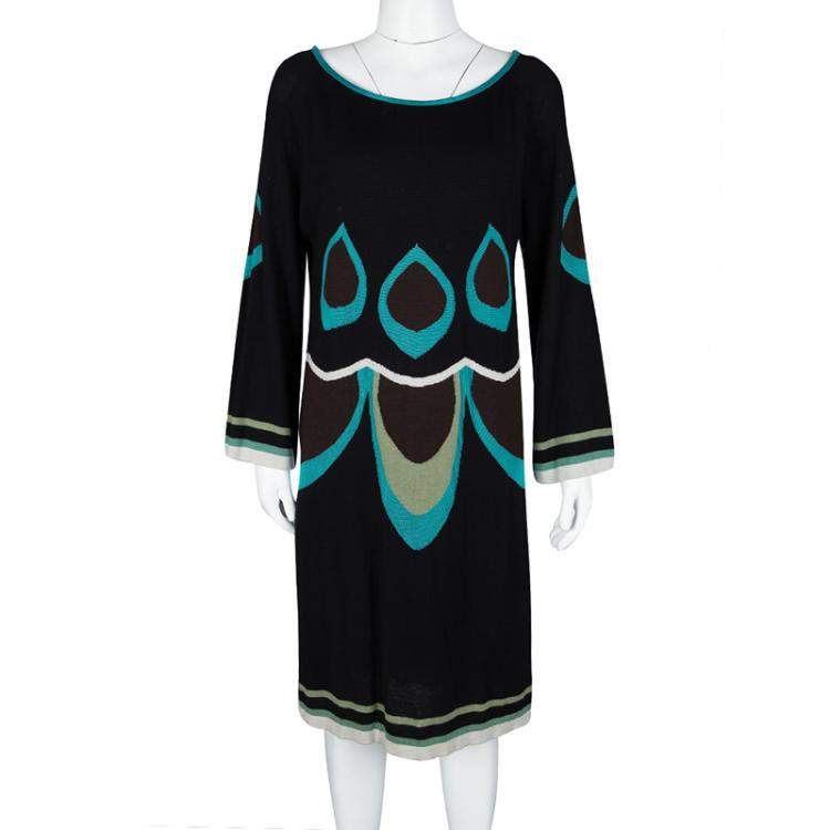 Pre Owned M Missoni Black Patterned Knit Long Sleeve Wool Dress L