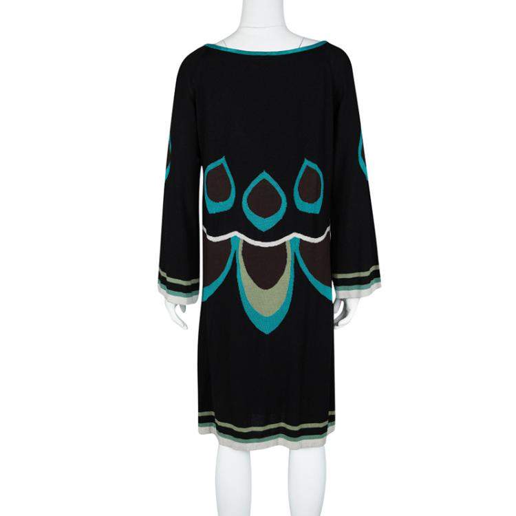 Pre Owned M Missoni Black Patterned Knit Long Sleeve Wool Dress L