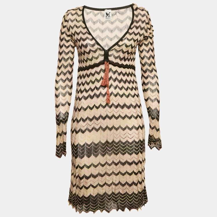 Pre Owned M Missoni Brown Chevron Pattern Knit V-Neck Short Dress M