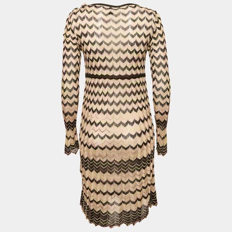 Pre Owned M Missoni Brown Chevron Pattern Knit V-Neck Short Dress M