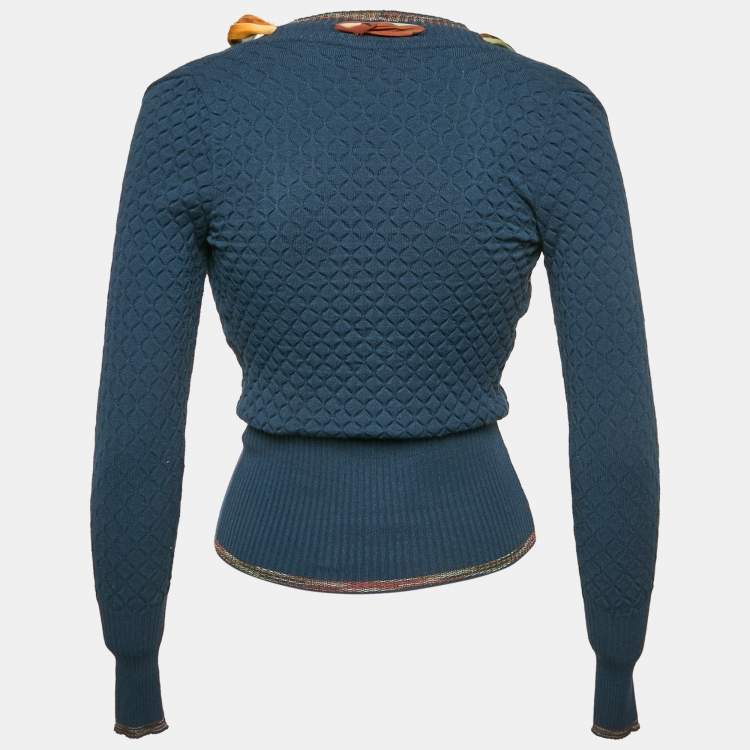 Pre Owned M Missoni Navy Blue Textured Knit Ribbon Detail Cardigan S
