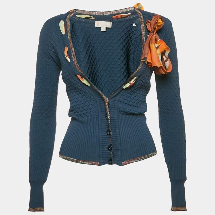 Pre Owned M Missoni Navy Blue Textured Knit Ribbon Detail Cardigan S
