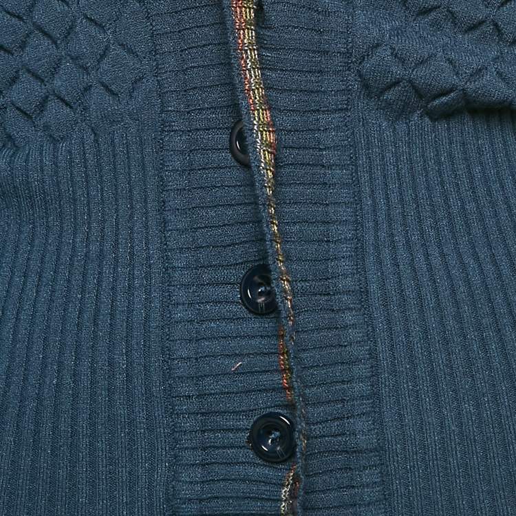 Pre Owned M Missoni Navy Blue Textured Knit Ribbon Detail Cardigan S