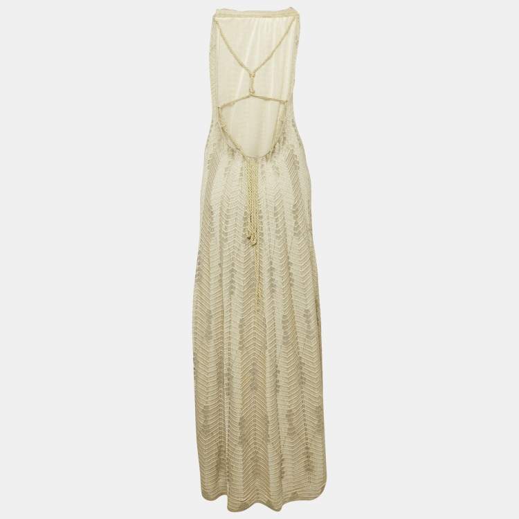 Pre Owned M Missoni Green Chevron Lurex Knit Halter Neck Lace-Up Maxi Dress XL