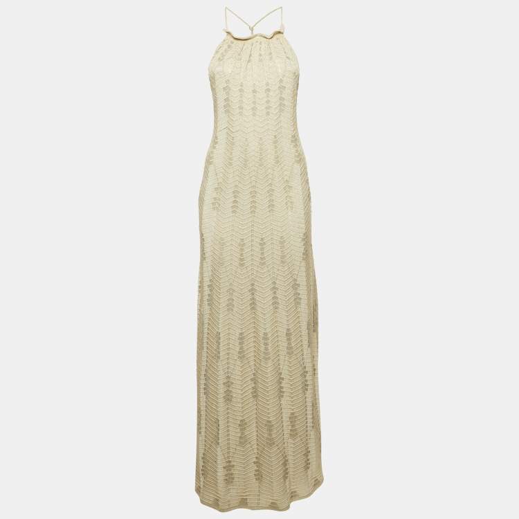 Pre Owned M Missoni Green Chevron Lurex Knit Halter Neck Lace-Up Maxi Dress XL
