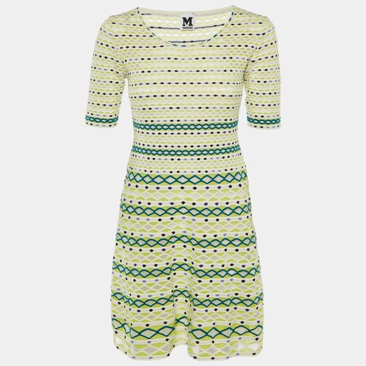 Pre Owned M Missoni White & Green Intarsia Knit Mini Dress S