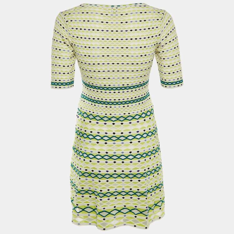 Pre Owned M Missoni White & Green Intarsia Knit Mini Dress S