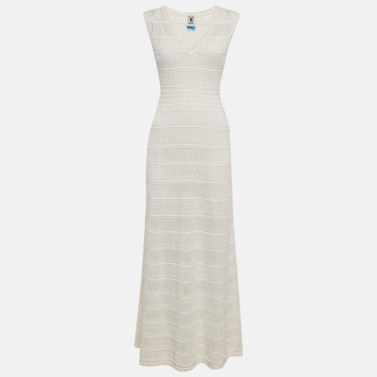 Pre Owned M Missoni White Zig Zag Patterned Cotton Knit Maxi Dress S