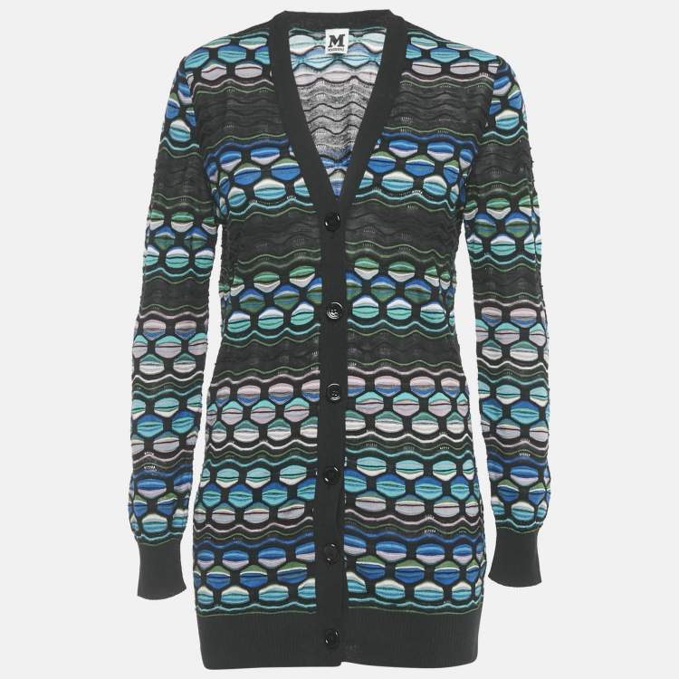 Pre Owned M Missoni Black/Blue Patterned Knit Button Front Cardigan M