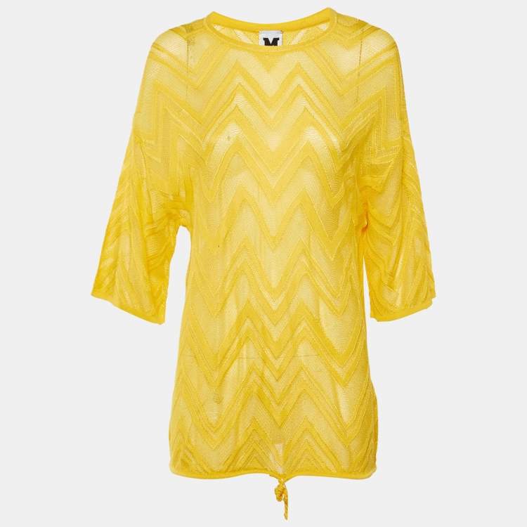 Pre Owned M Missoni Yellow Chevron Knit Sheer Top L
