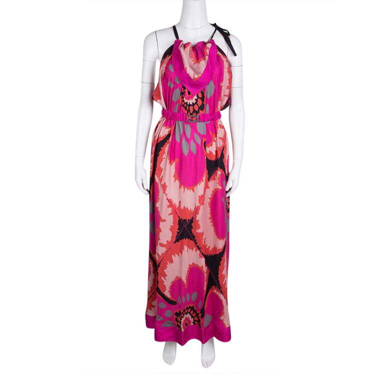 Pre Owned M Missoni Multicolor Printed Tie Detail Belted Maxi Dress M