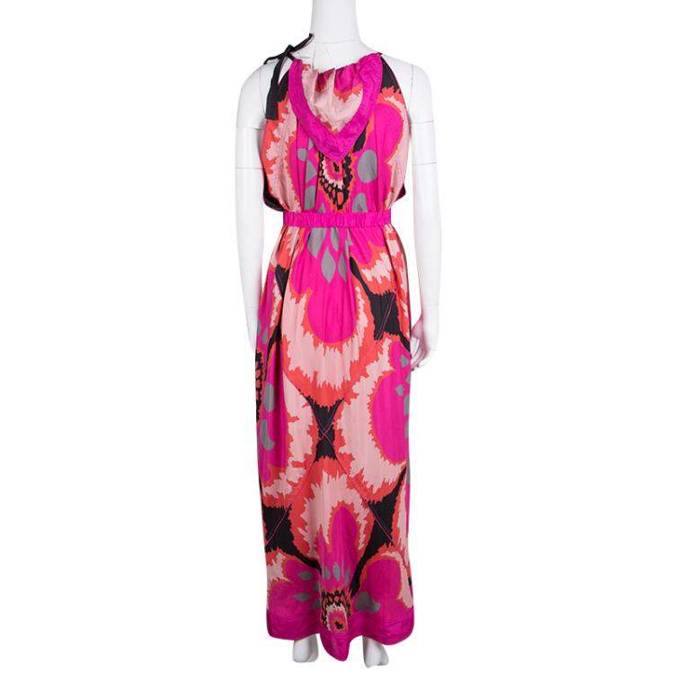 Pre Owned M Missoni Multicolor Printed Tie Detail Belted Maxi Dress M
