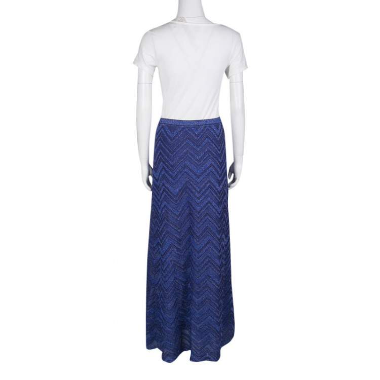 Pre Owned M Missoni Navy Blue Lurex Knit Chevron Pattern Maxi Skirt M
