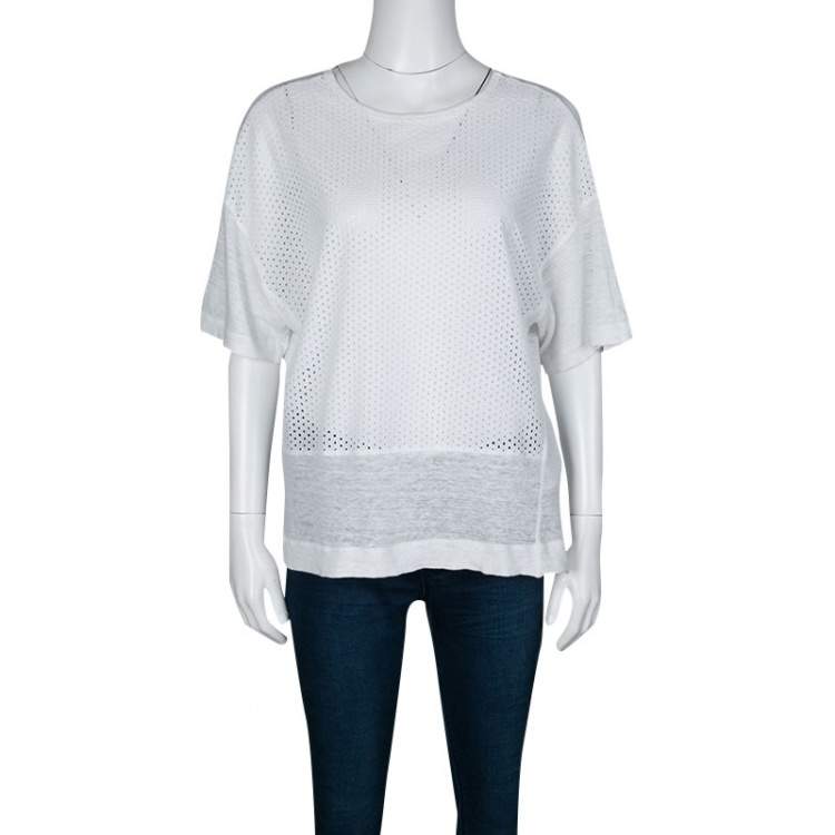 Pre Owned M Missoni White Knit Eyelet Panel Detail Short Sleeve Top M