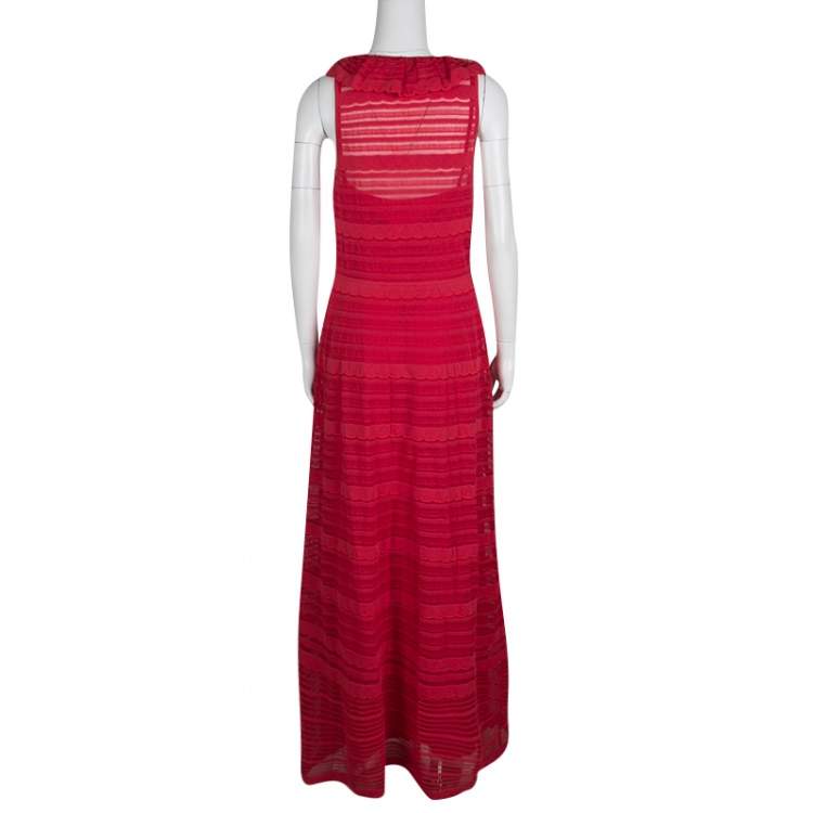 Pre Owned M Missoni Red Knit Ruffled Neck Sleeveless Maxi Dress M