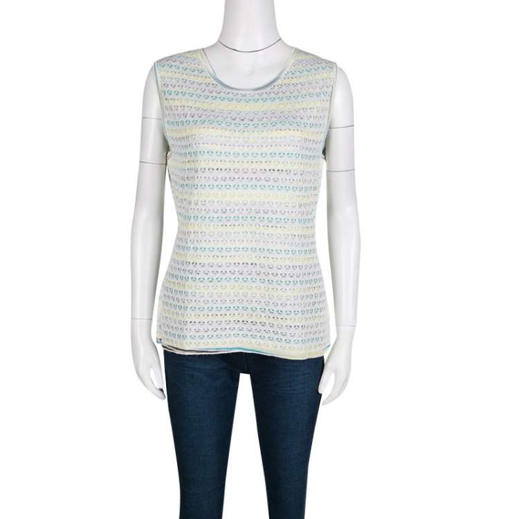 Pre Owned M Missoni Multicolor Striped Floral Crochet Knit Sleeveless Top L
