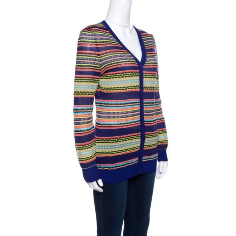 Pre Owned M Missoni Mutlicolor Patterned Knit Rib Trim Cardigan M